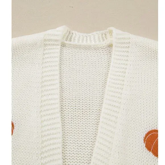 Beautiful White Pumpkin Print Open Front Drop Shoulder Midi Cardigan - Picture 6 of 7